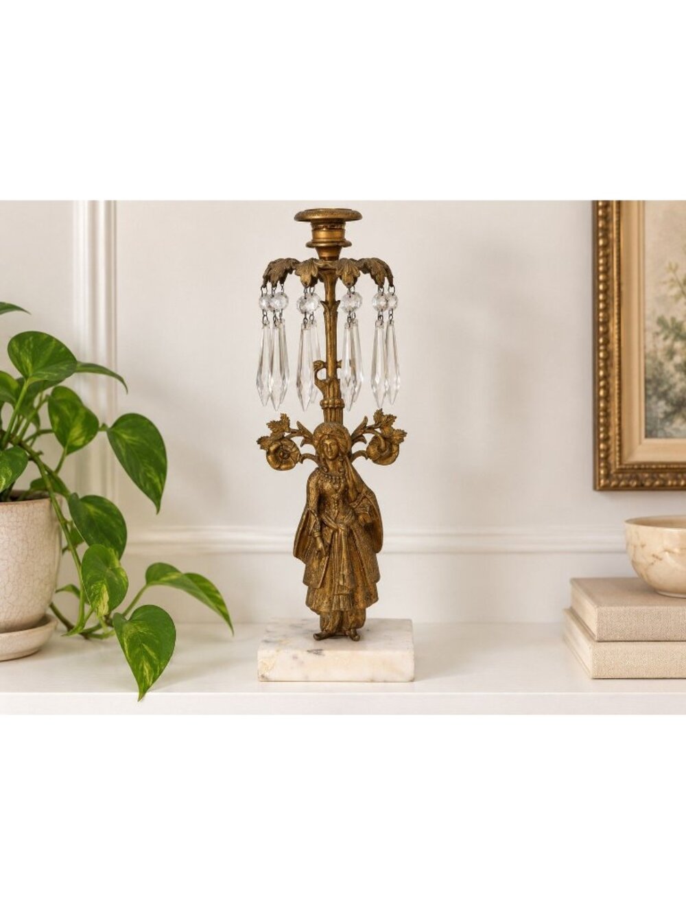 Antique Victorian Figural Girandole Candlestick Crystal Prisms Marble Base 15"